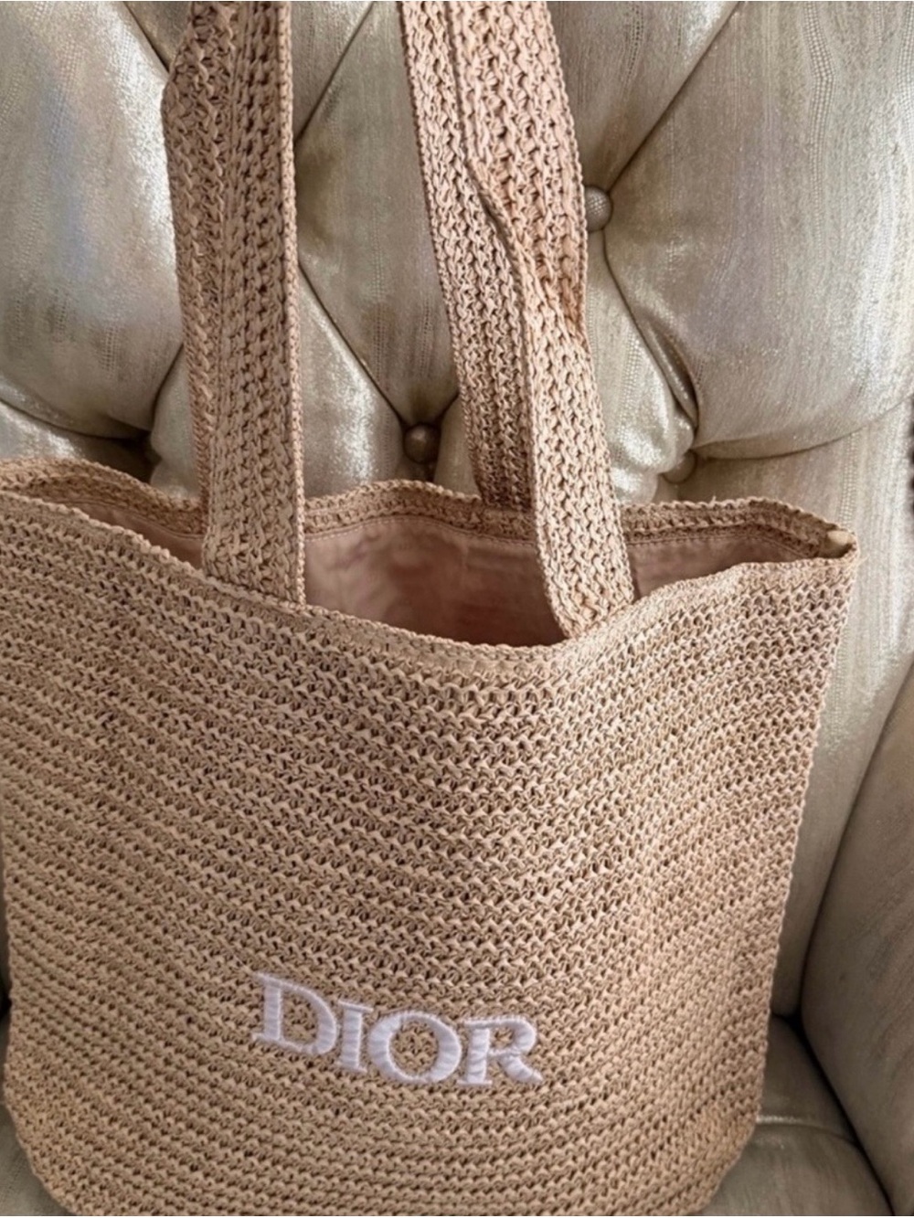 Dior Beige Raffia Beach Tote with White Logo Embroidery - Picture 2 of 8